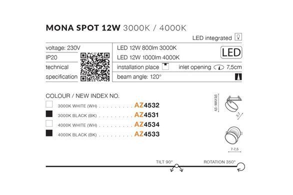 Врізний точковий світильник Azzardo MONA SPOT 12W 4000K - Azzardo (Польща)